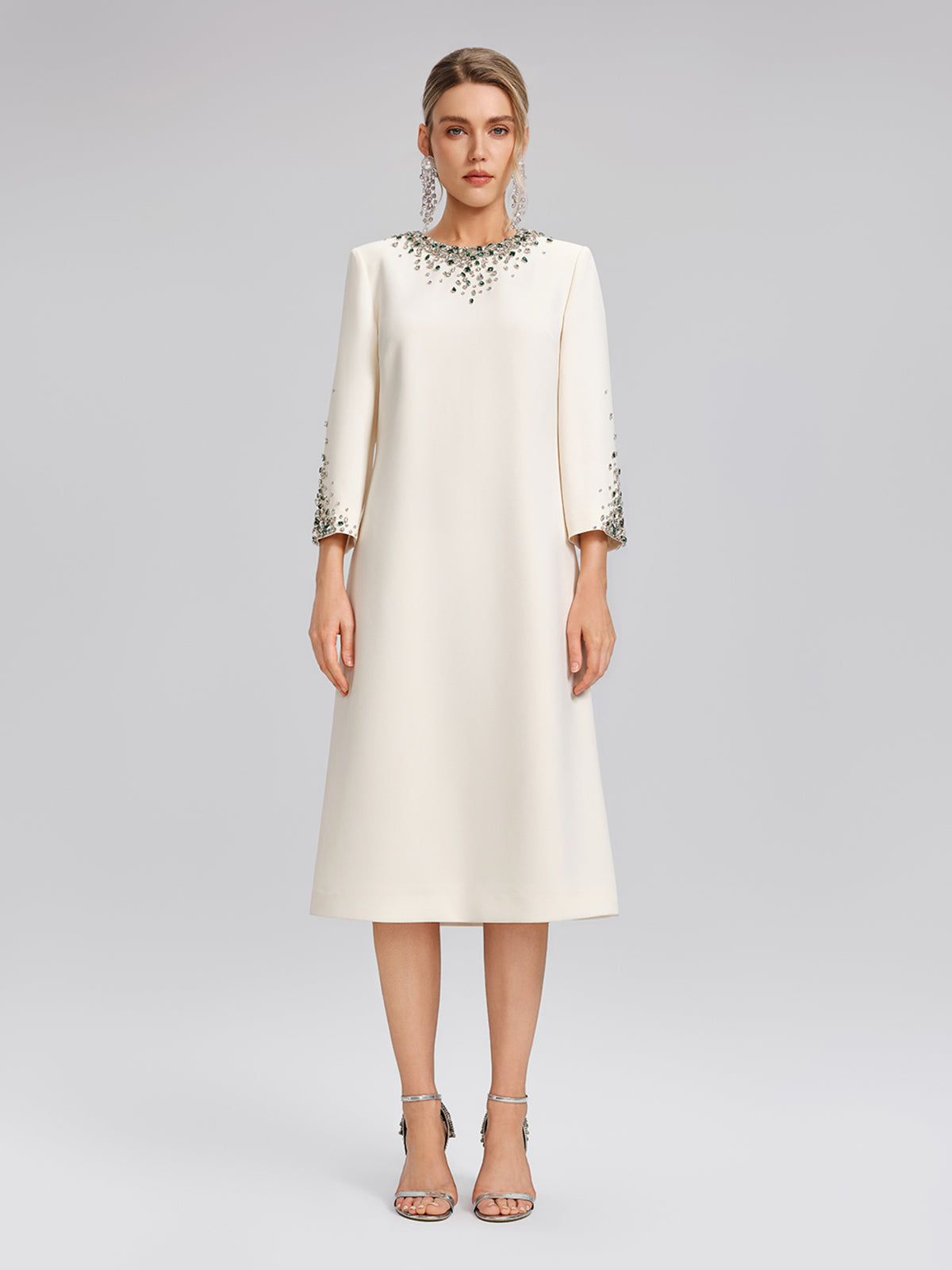 Hand-Beaded Crystal Padded-Shoulder H-Line Dress