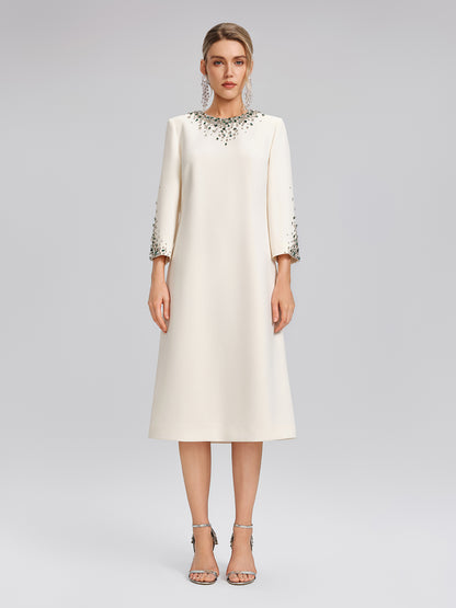 Hand-Beaded Crystal Padded-Shoulder H-Line Dress