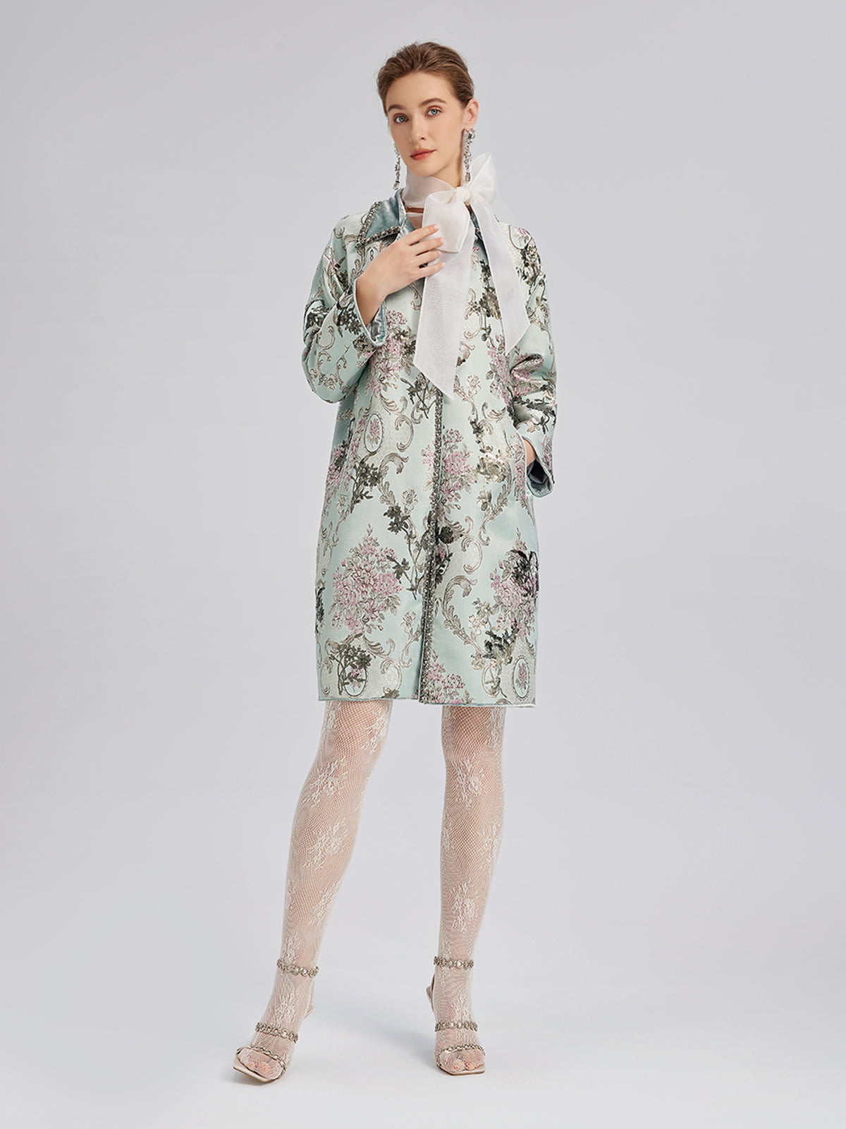 Hand-Beaded Sequined Floral Jacquard Jacket