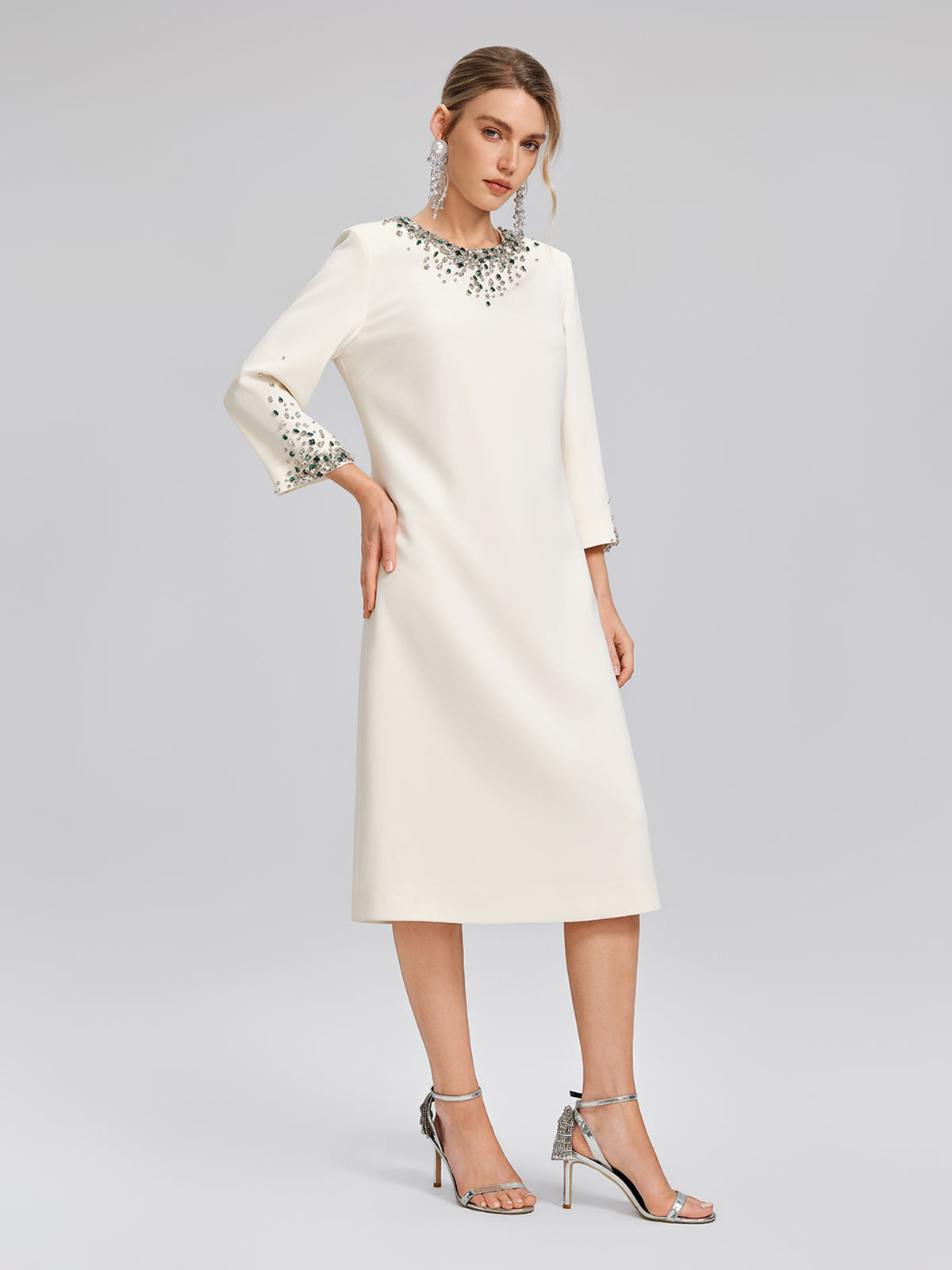 Hand-Beaded Crystal Padded-Shoulder H-Line Dress