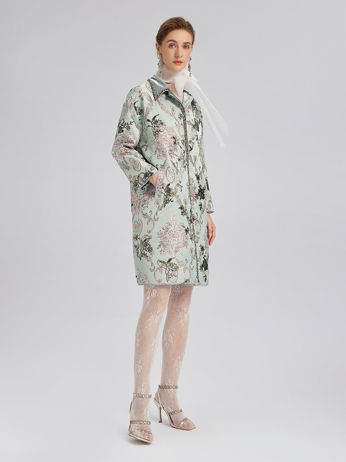 Hand-Beaded Sequined Floral Jacquard Jacket