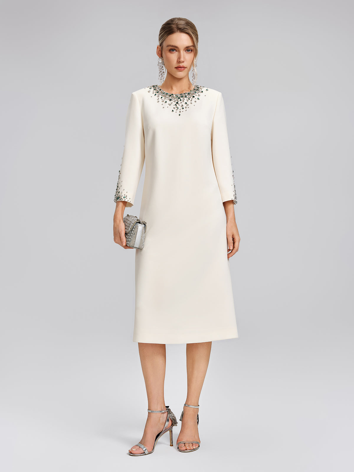 Hand-Beaded Crystal Padded-Shoulder H-Line Dress