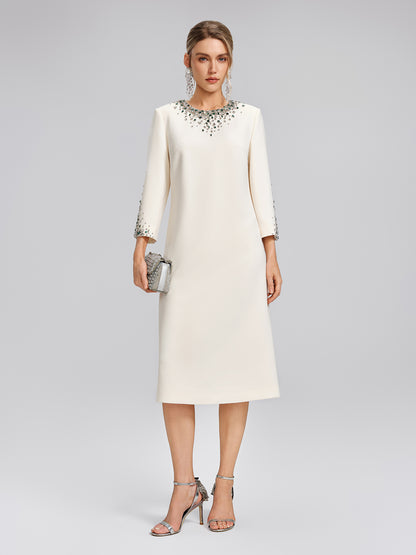 Hand-Beaded Crystal Padded-Shoulder H-Line Dress