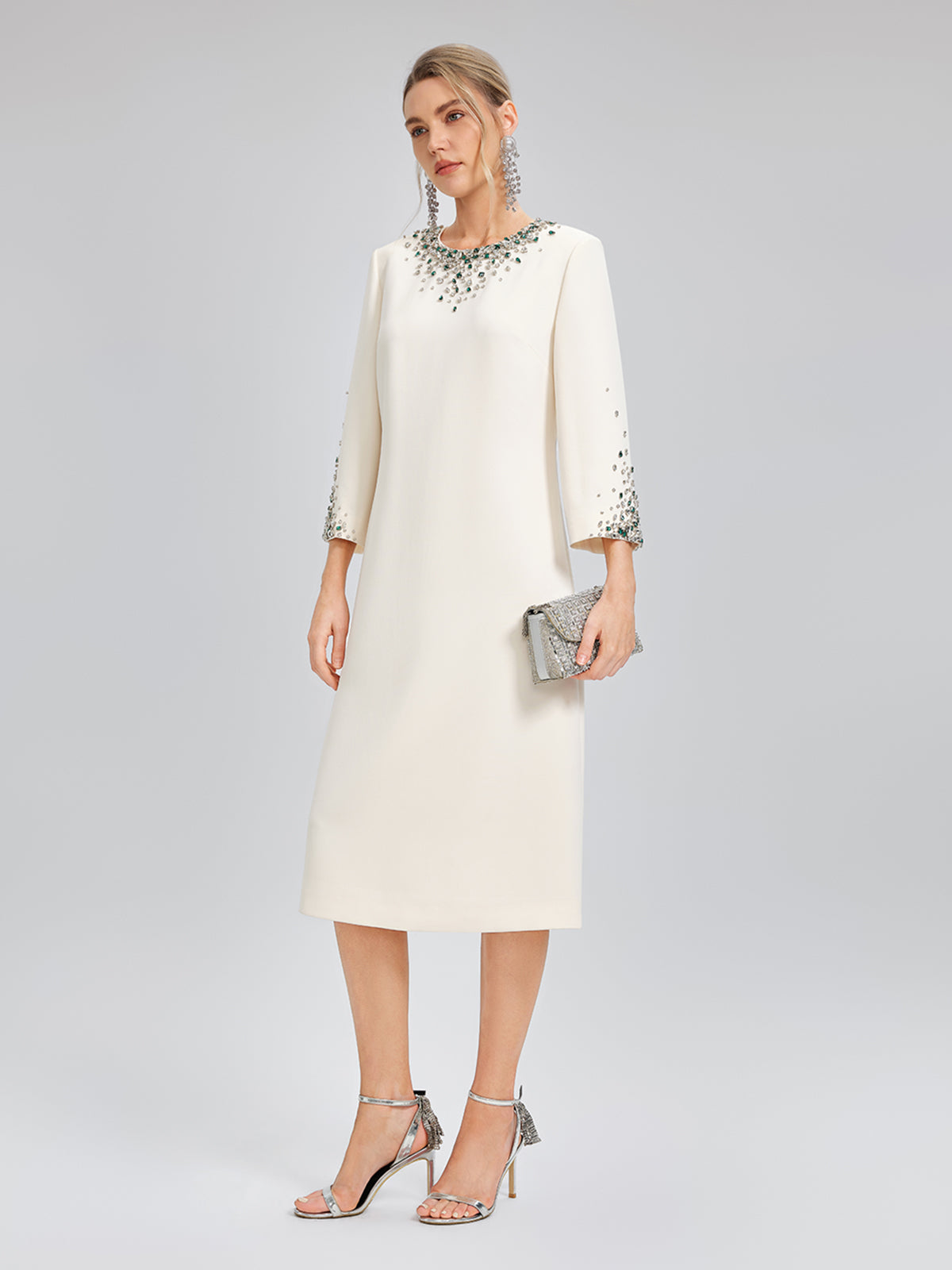 Hand-Beaded Crystal Padded-Shoulder H-Line Dress