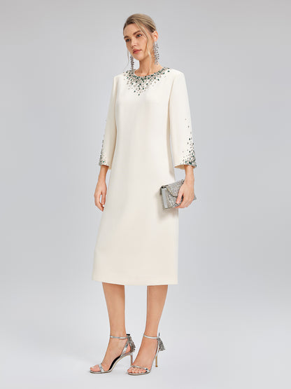 Hand-Beaded Crystal Padded-Shoulder H-Line Dress