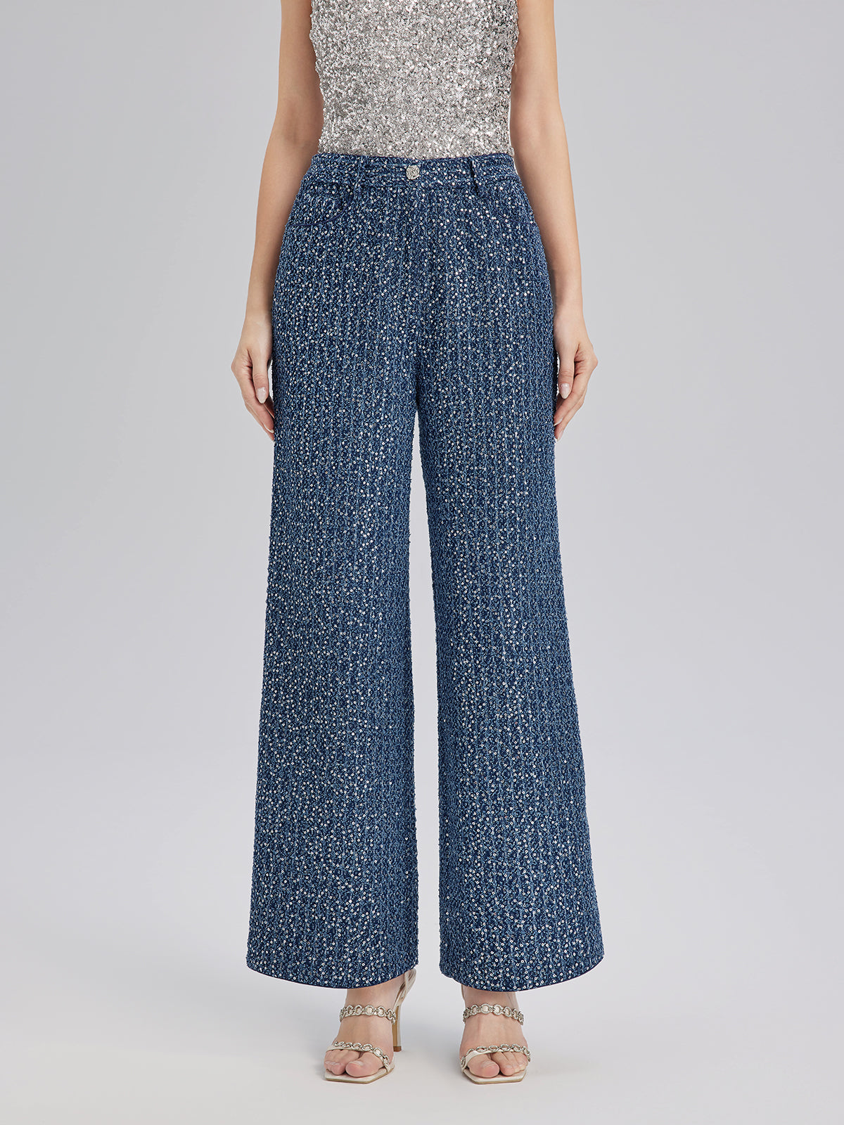 Sequined Denim-Look Tweed Hand-Beaded Pants
