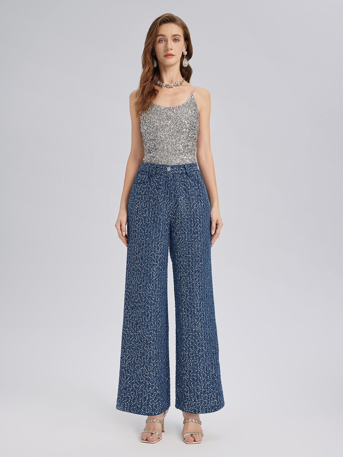 Sequined Denim-Look Tweed Hand-Beaded Pants
