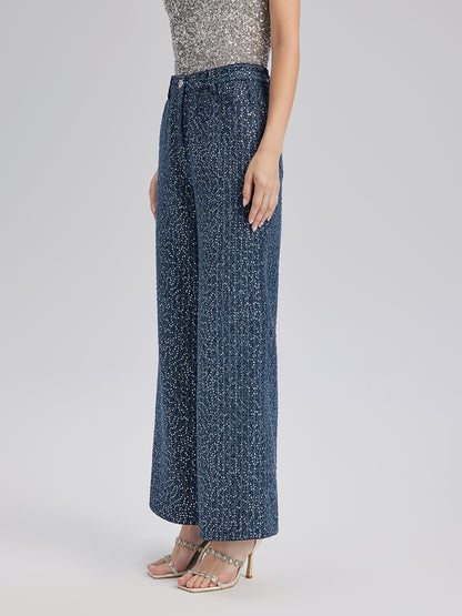 Sequined Denim-Look Tweed Hand-Beaded Pants