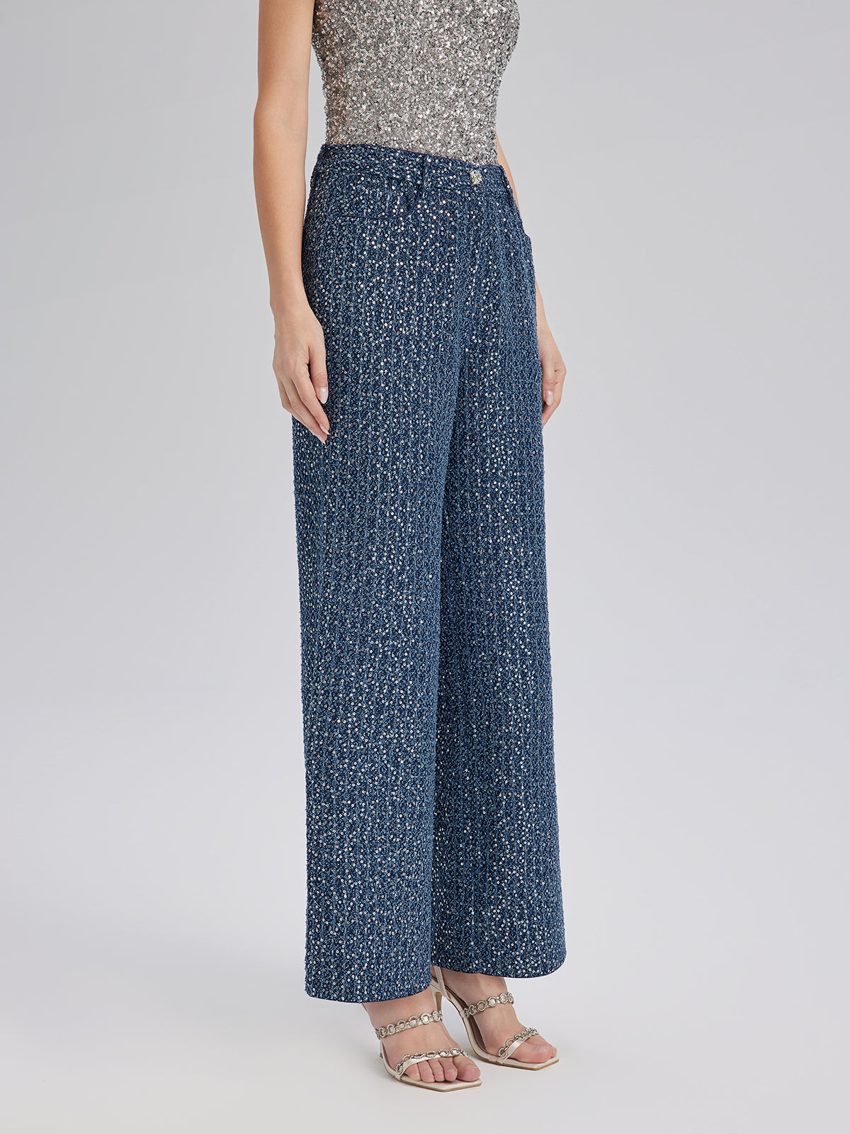 Sequined Denim-Look Tweed Hand-Beaded Pants