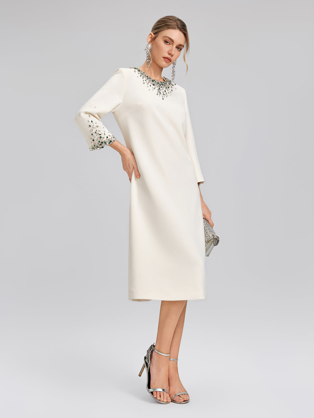 Hand-Beaded Crystal Padded-Shoulder H-Line Dress