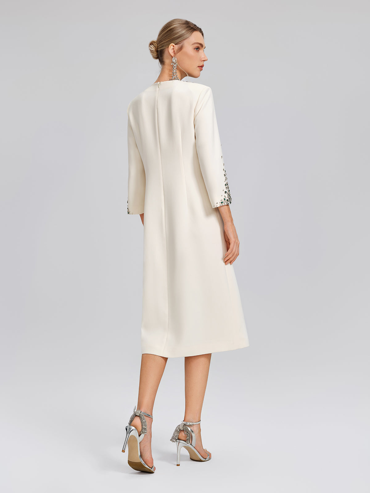 Hand-Beaded Crystal Padded-Shoulder H-Line Dress