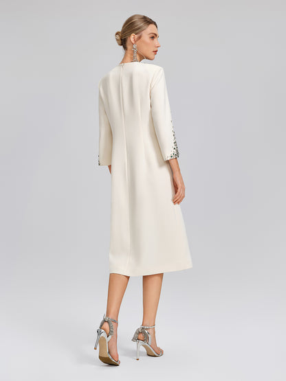 Hand-Beaded Crystal Padded-Shoulder H-Line Dress