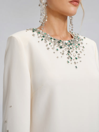 Hand-Beaded Crystal Padded-Shoulder H-Line Dress