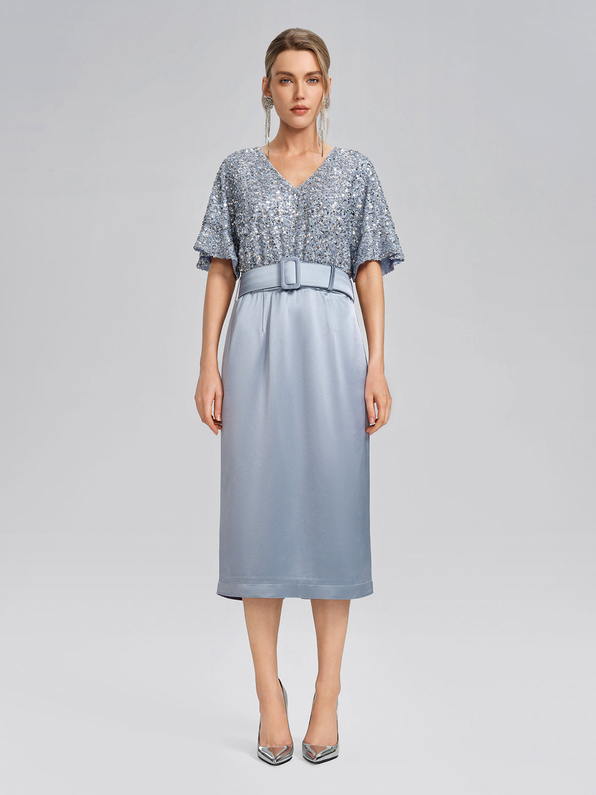 Sequin Panel Satin V Neck Dress (Belt Included)