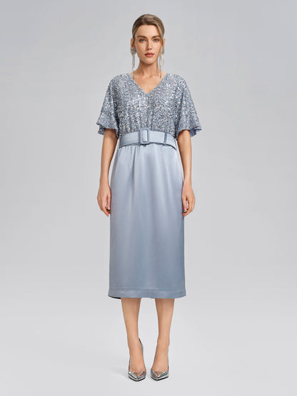 Sequin Panel Satin V Neck Dress (Belt Included)