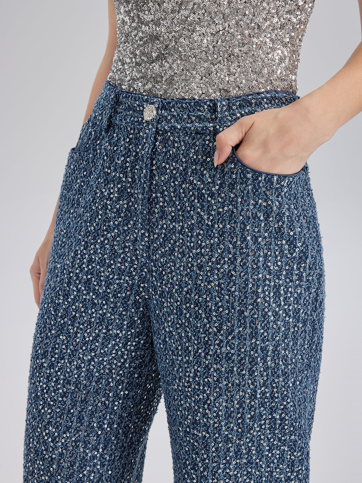 Sequined Denim-Look Tweed Hand-Beaded Pants
