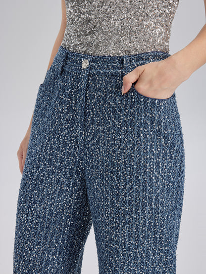 Sequined Denim-Look Tweed Hand-Beaded Pants