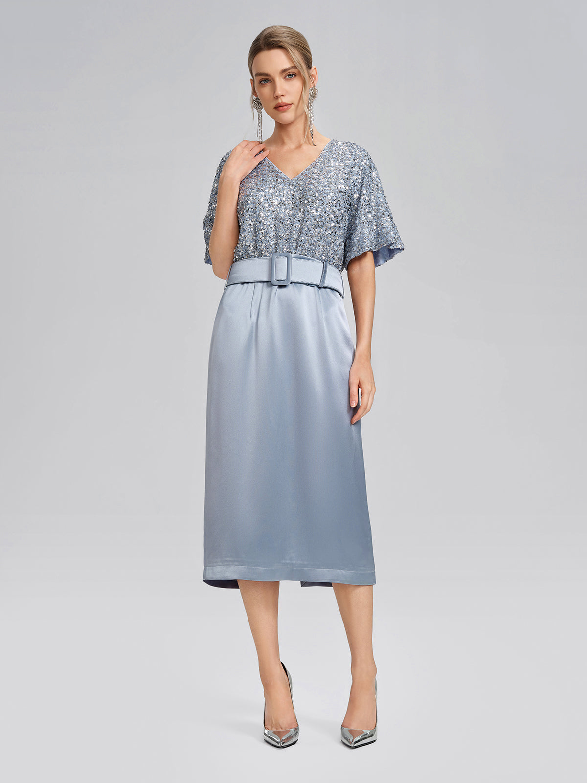 Sequin Panel Satin V Neck Dress (Belt Included)