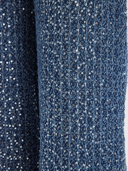 Sequined Denim-Look Tweed Hand-Beaded Pants
