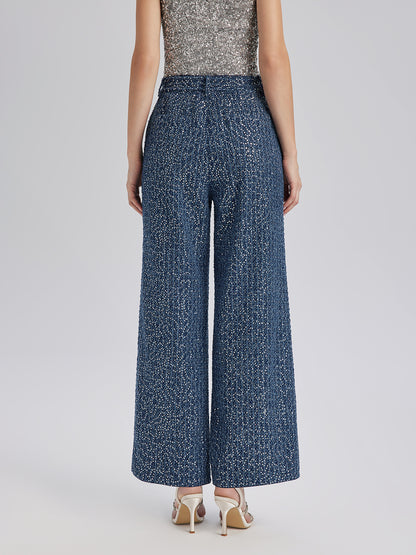 Sequined Denim-Look Tweed Hand-Beaded Pants