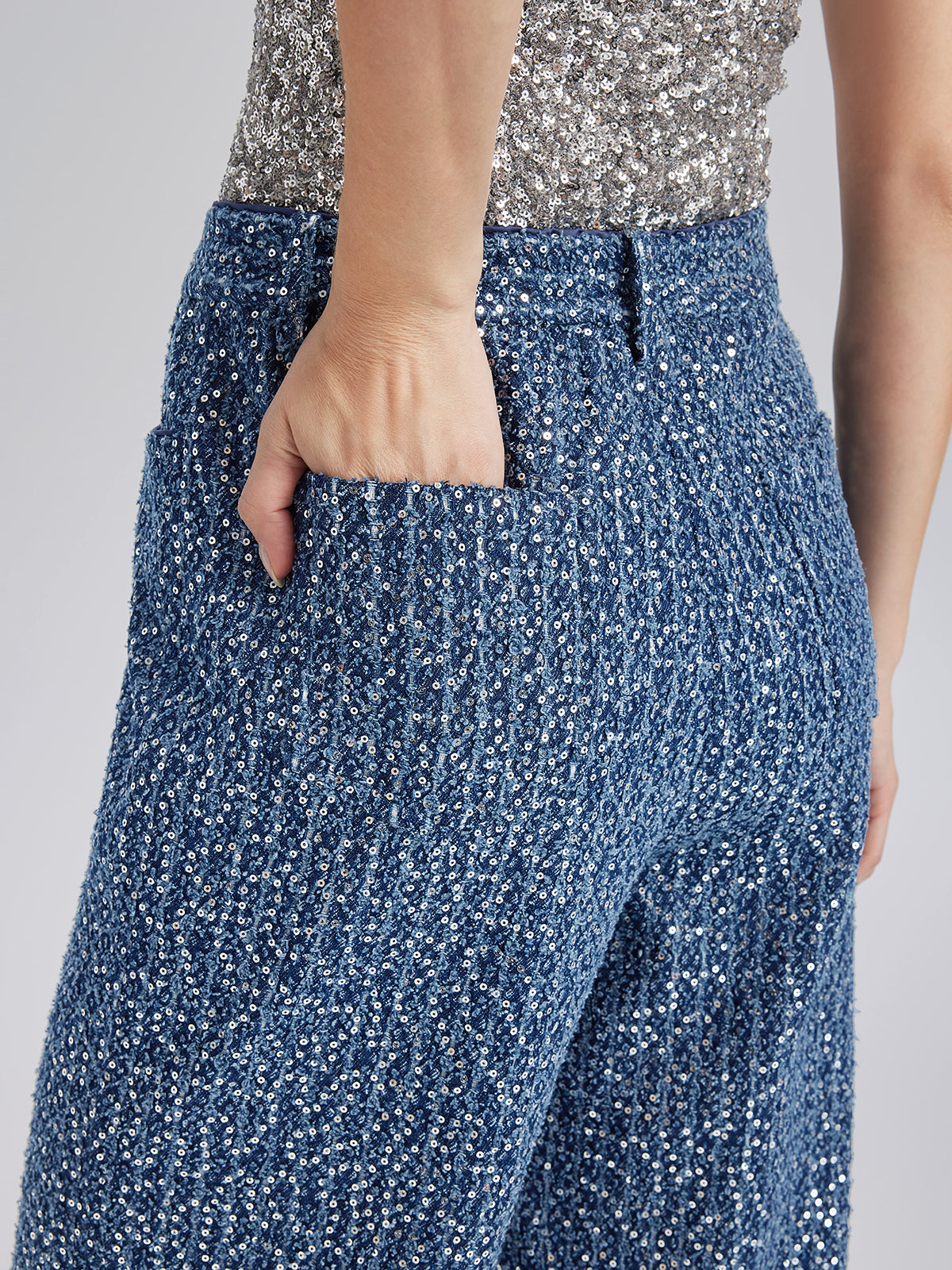 Sequined Denim-Look Tweed Hand-Beaded Pants