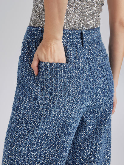 Sequined Denim-Look Tweed Hand-Beaded Pants