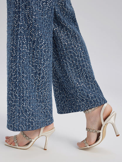 Sequined Denim-Look Tweed Hand-Beaded Pants
