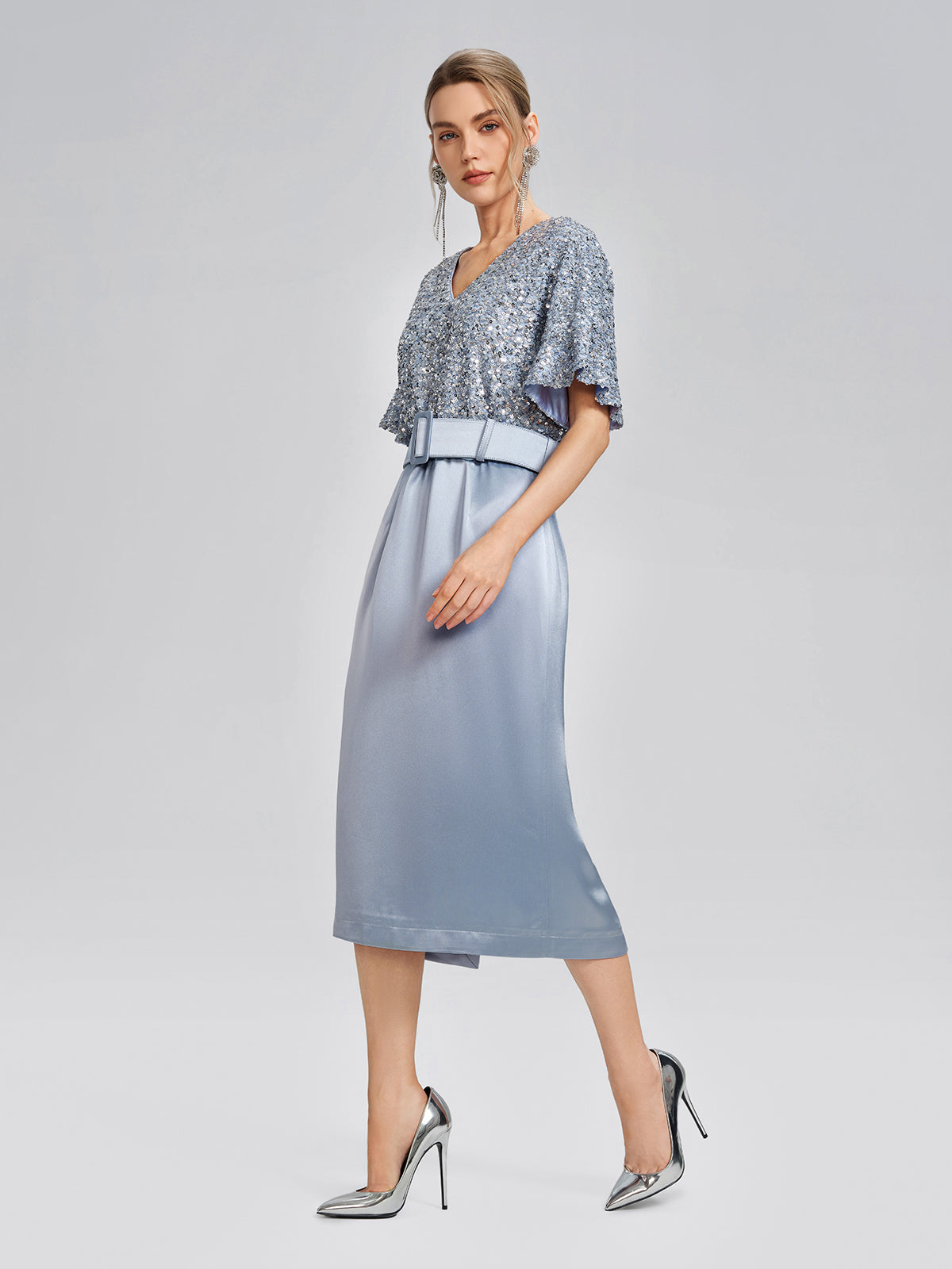 Sequin Panel Satin V Neck Dress (Belt Included)