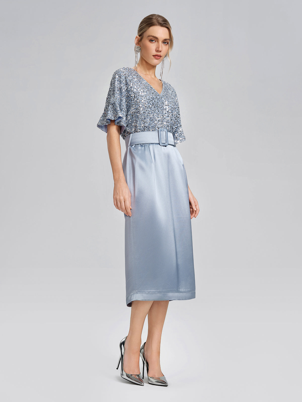 Sequin Panel Satin V Neck Dress (Belt Included), BLUE / S