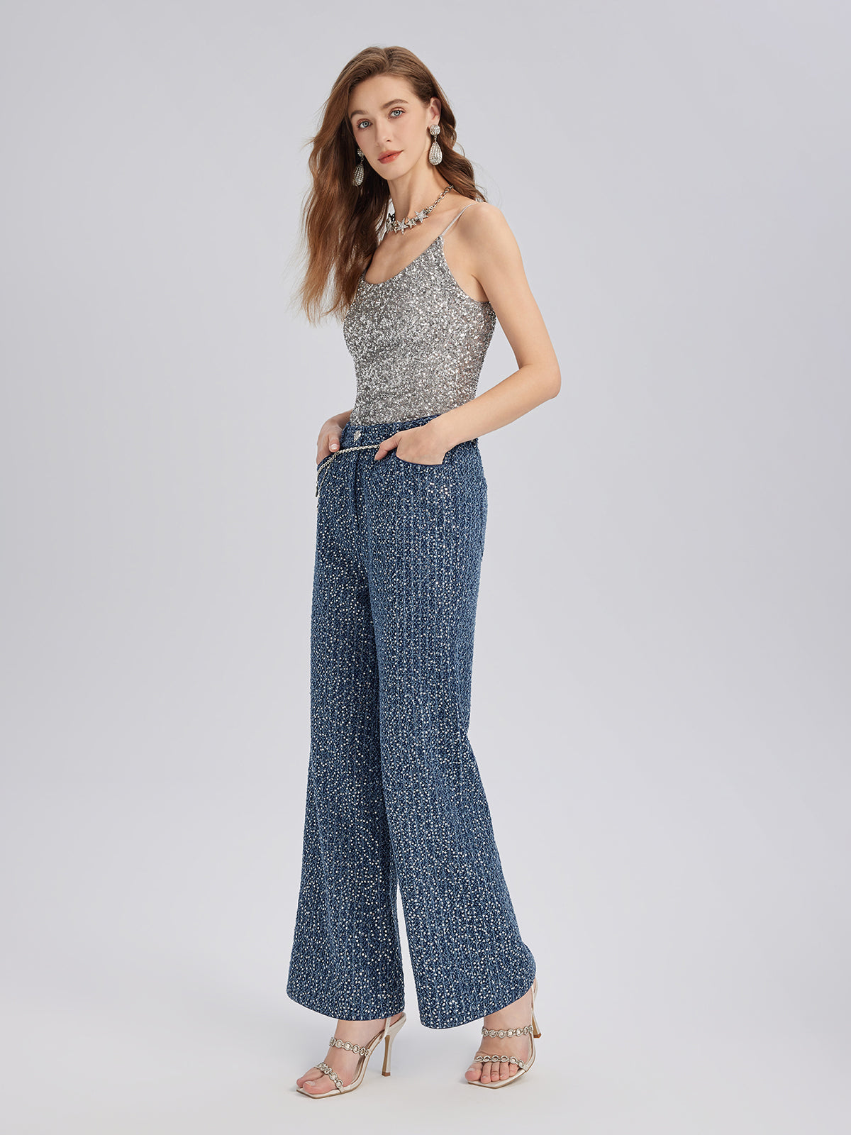 Sequined Denim-Look Tweed Hand-Beaded Pants