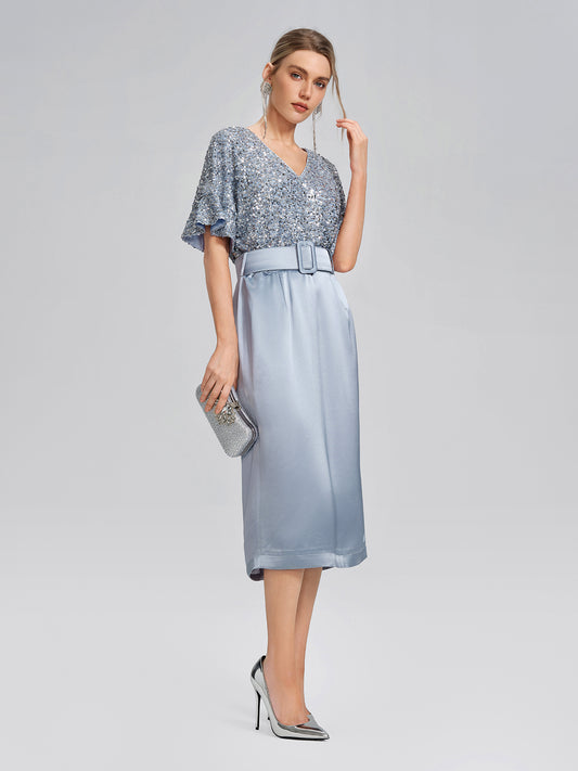 Sequin Panel Satin V Neck Dress (Belt Included)