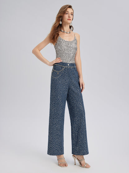Sequined Denim-Look Tweed Hand-Beaded Pants