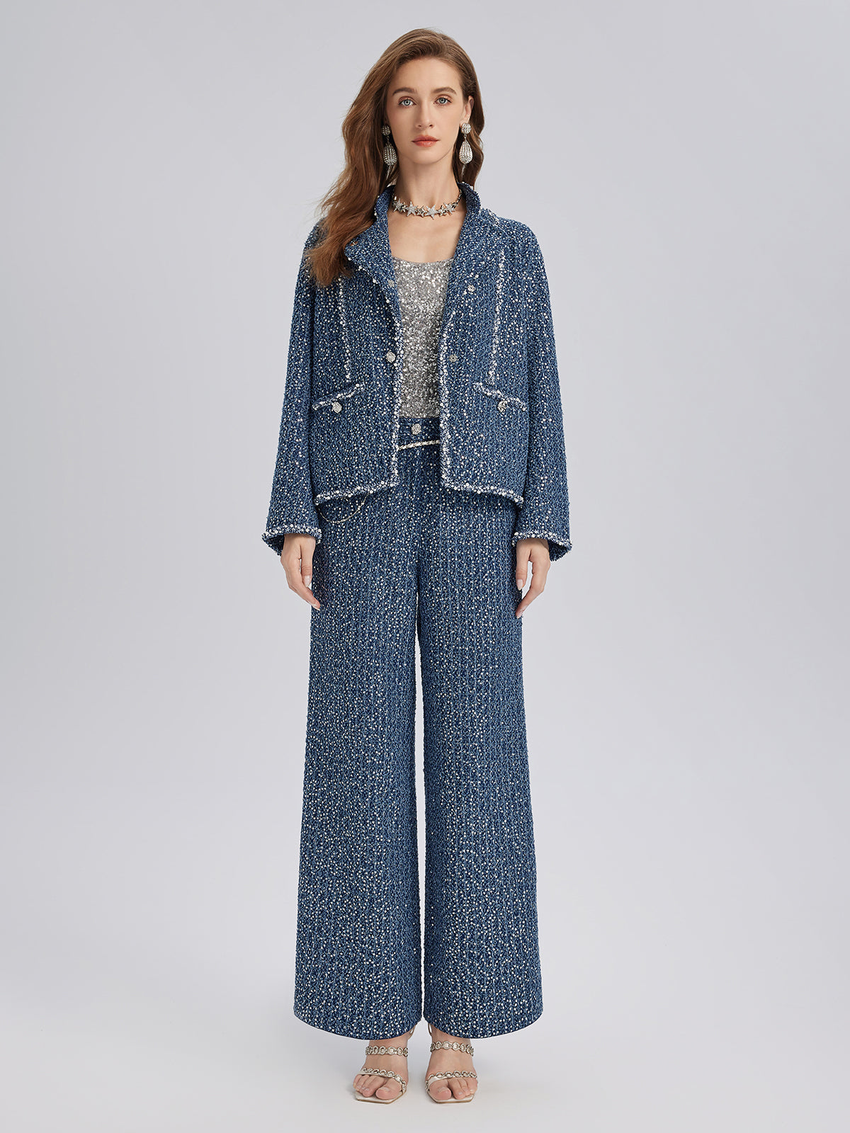 Sequined Denim-Look Tweed Hand-Beaded Pants