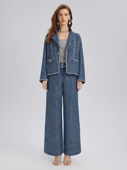 Sequined Denim-Look Tweed Hand-Beaded Pants