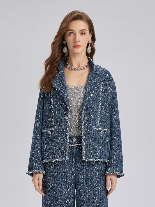 Sequined Denim-Look Tweed Hand-Beaded Jacket