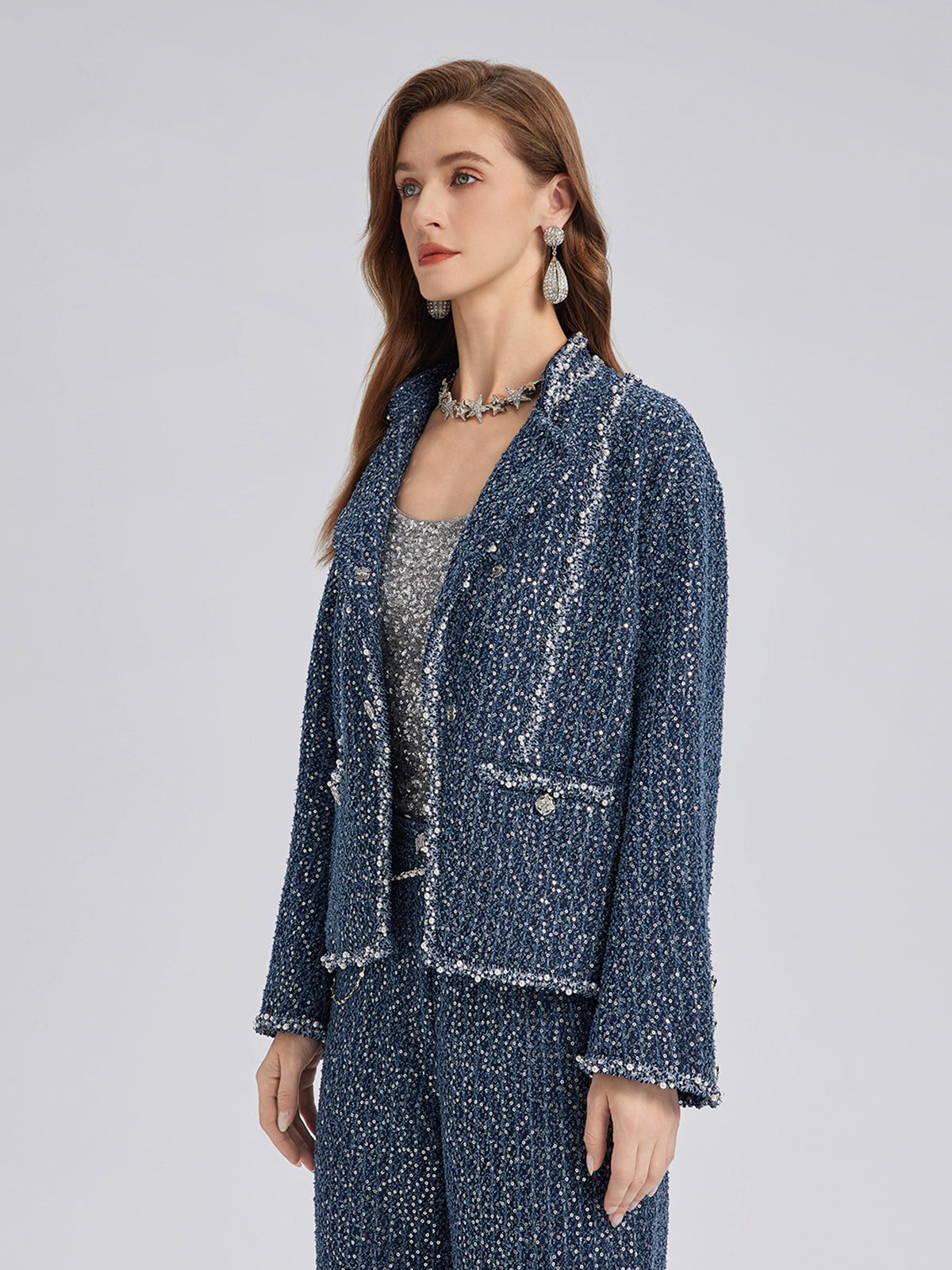 Sequined Denim-Look Tweed Hand-Beaded Jacket