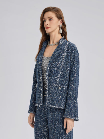 Sequined Denim-Look Tweed Hand-Beaded Jacket