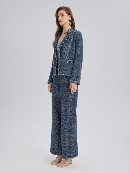 Sequined Denim-Look Tweed Hand-Beaded Pants