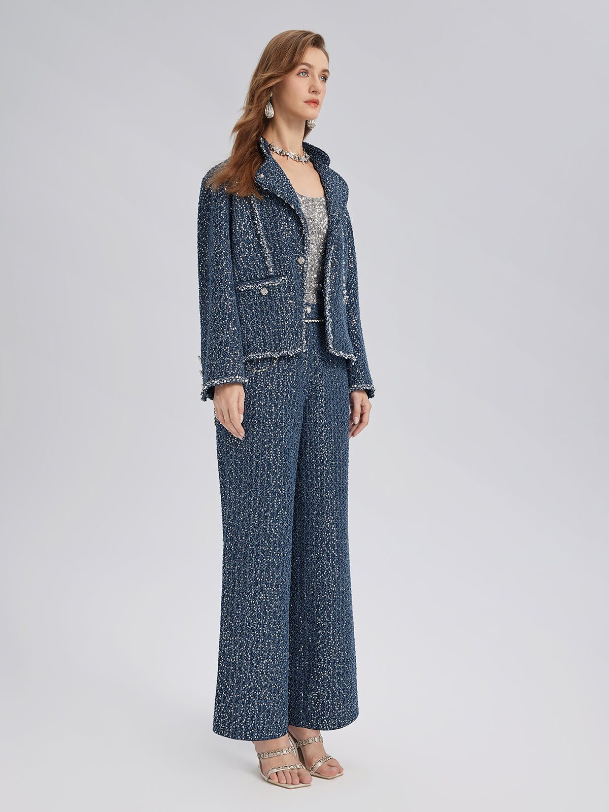 Sequined Denim-Look Tweed Hand-Beaded Pants