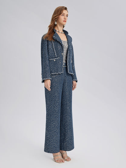 Sequined Denim-Look Tweed Hand-Beaded Pants