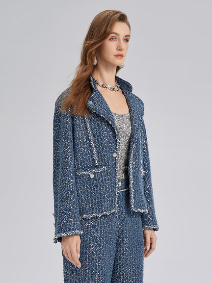 Sequined Denim-Look Tweed Hand-Beaded Jacket