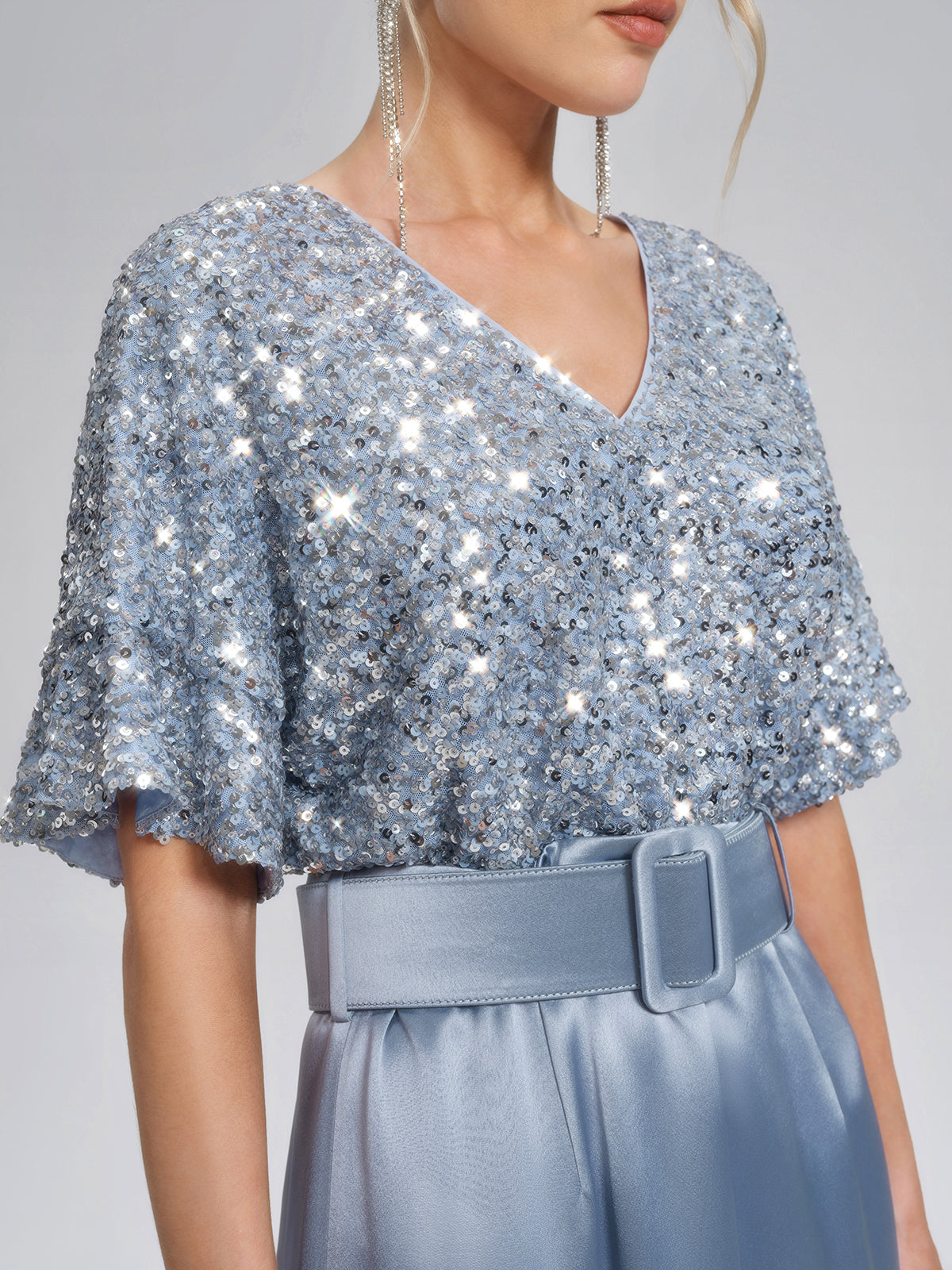 Sequin Panel Satin V Neck Dress (Belt Included)