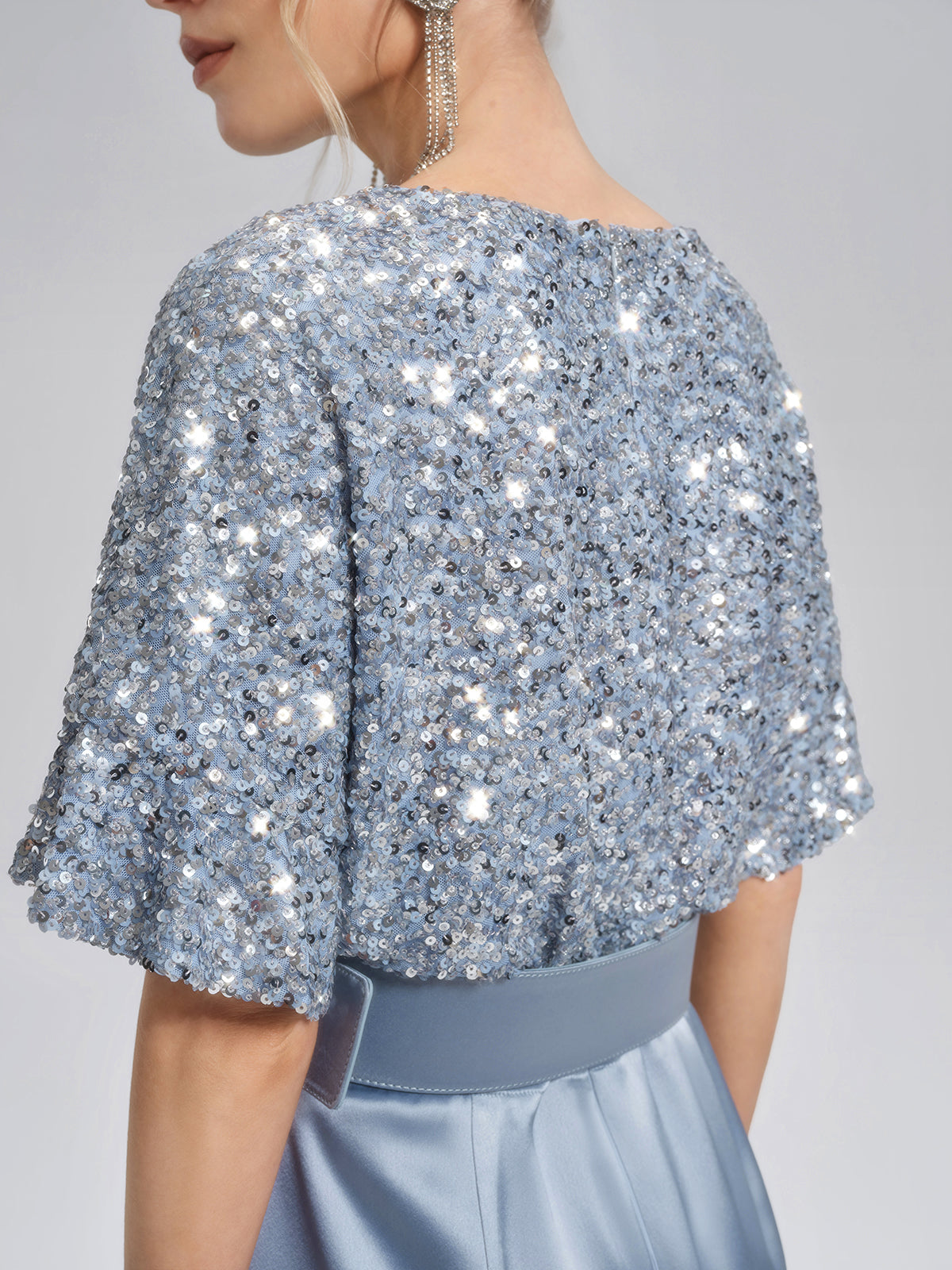 Sequin Panel Satin V Neck Dress (Belt Included)