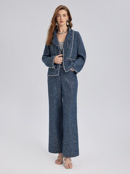 Sequined Denim-Look Tweed Hand-Beaded Pants