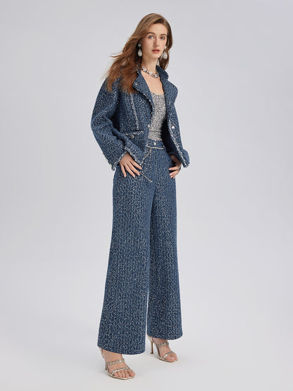 Sequined Denim-Look Tweed Hand-Beaded Pants