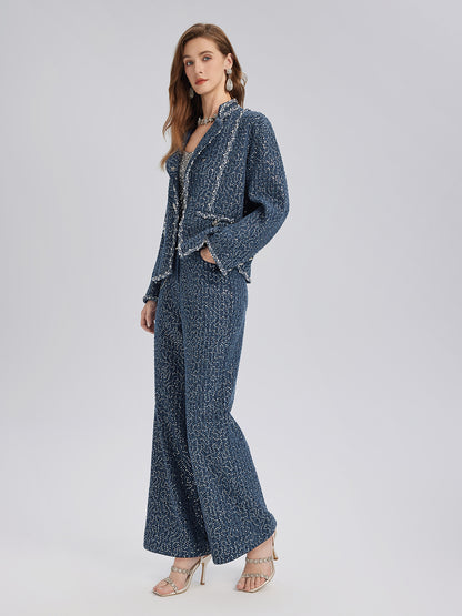 Sequined Denim-Look Tweed Hand-Beaded Pants