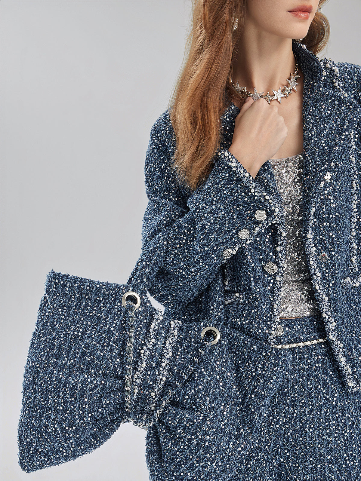 Hand-Beaded Sequin Tweed Shoulder Bag