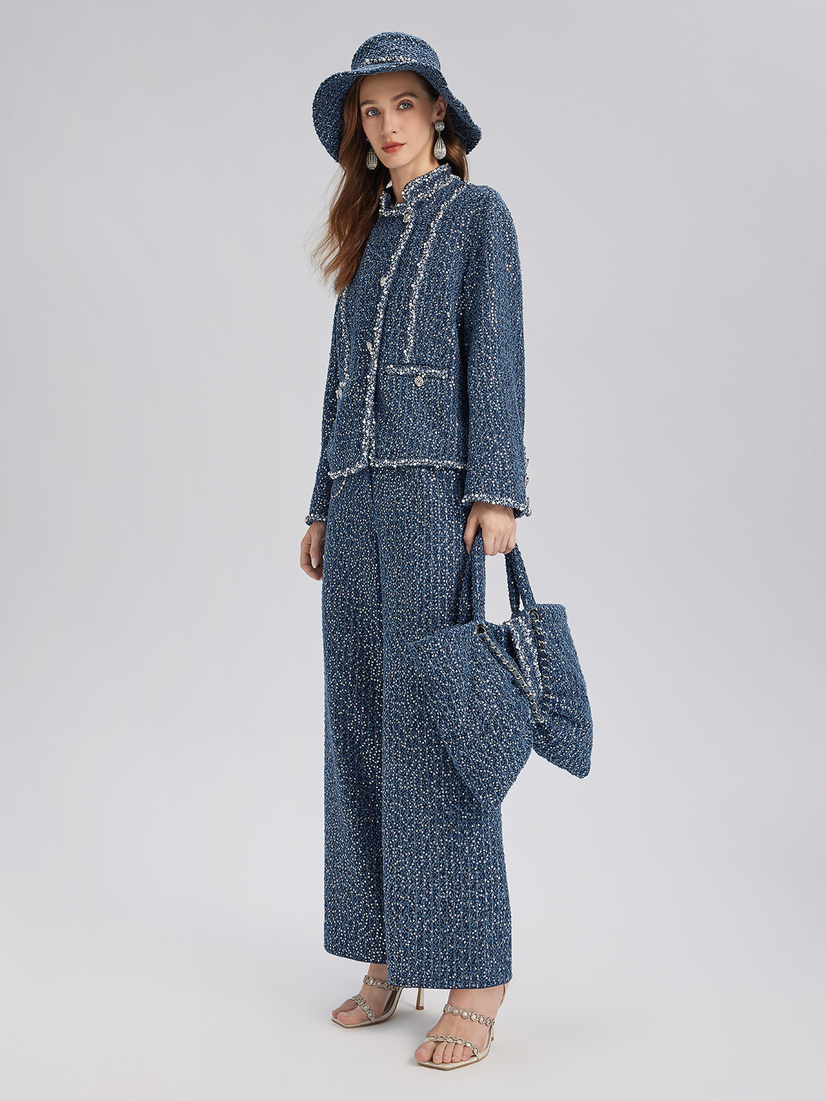 Sequined Denim-Look Tweed Hand-Beaded Pants
