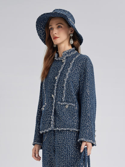 Sequined Denim-Look Tweed Hand-Beaded Jacket