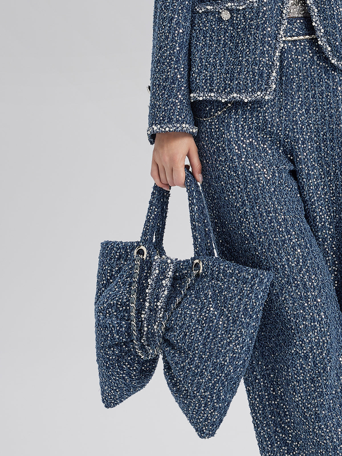 Hand-Beaded Sequin Tweed Shoulder Bag